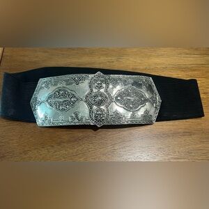 Vintage Black Elastic Belt with Large Silver Buckle